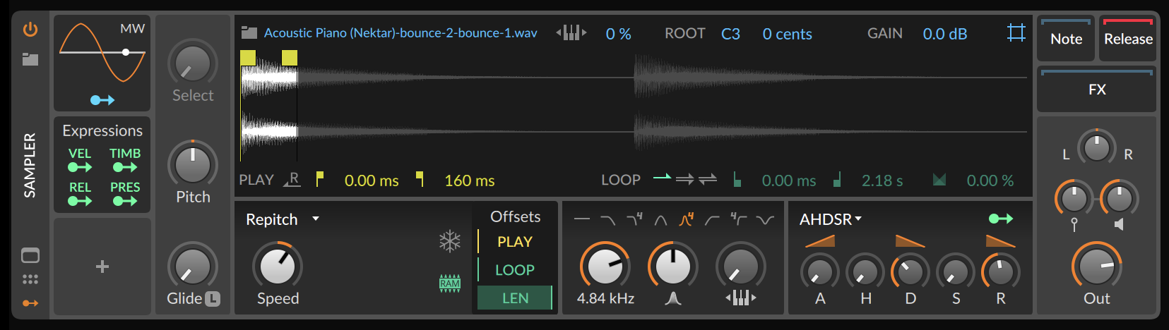 Bitwig Sampler instrument showing the clip and AHDSR settings